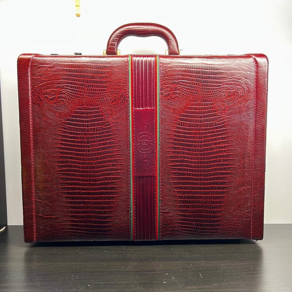 Red Gucci Briefcase with Reptile Skin Texture and Glossy Finish
